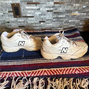 New Balance 608 White and Black Logo Leather Chunky Sneakers